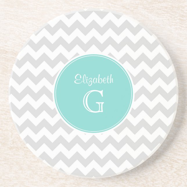 Lt Grey White Chevron Rnd Aqua Name Monogram Coaster (Front)