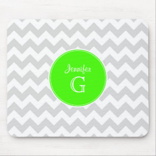 Lt Grey White Chevron Rnd Lime Green Name Monogram Mouse Mat