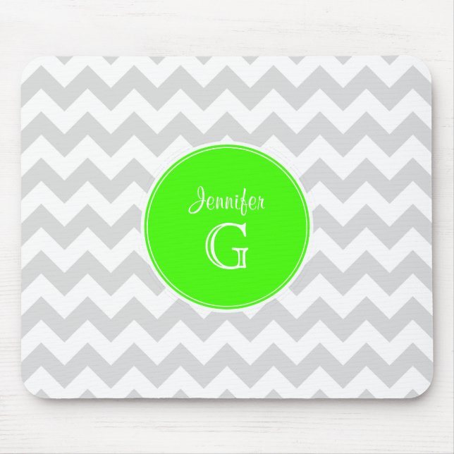 Lt Grey White Chevron Rnd Lime Green Name Monogram Mouse Mat (Front)