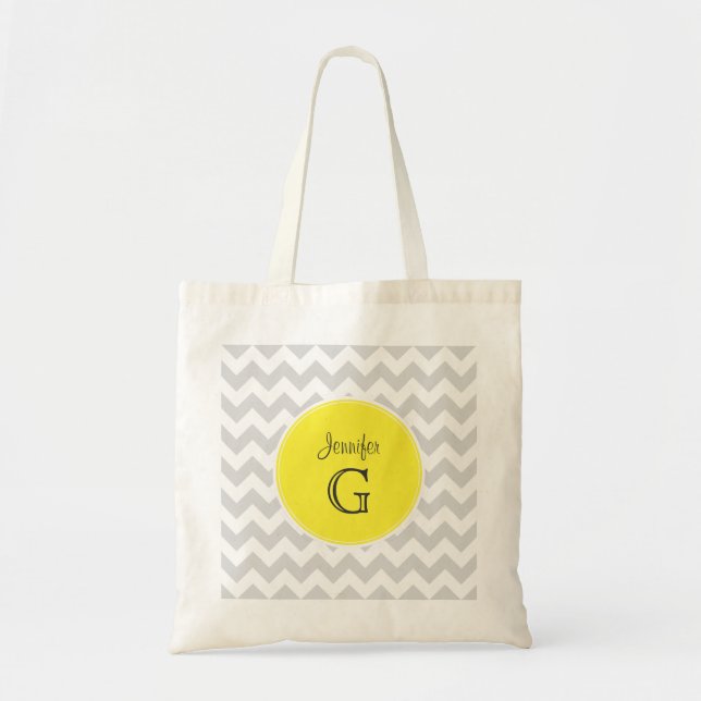 Lt Grey White Chevron Round Yellow Name Monogram B Tote Bag (Front)