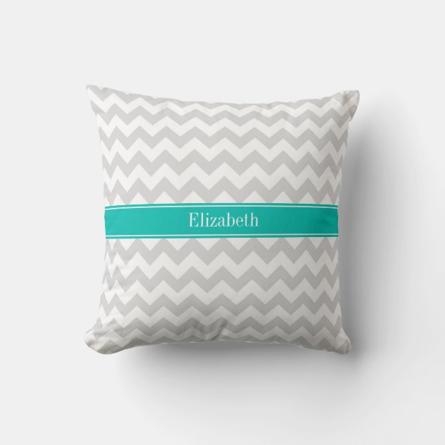 Lt Grey White Chevron Teal Name Monogram Cushion (Front)