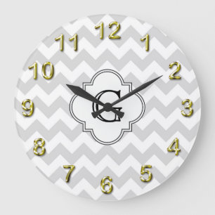 Lt Grey White Chevron White Quatrefoil Monogram Large Clock