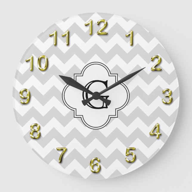 Lt Grey White Chevron White Quatrefoil Monogram Large Clock (Front)