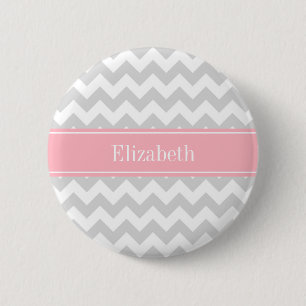 Lt Grey White Chevron Zigzag Pink Name Monogram 6 Cm Round Badge