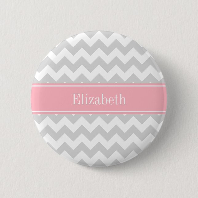 Lt Grey White Chevron Zigzag Pink Name Monogram 6 Cm Round Badge (Front)