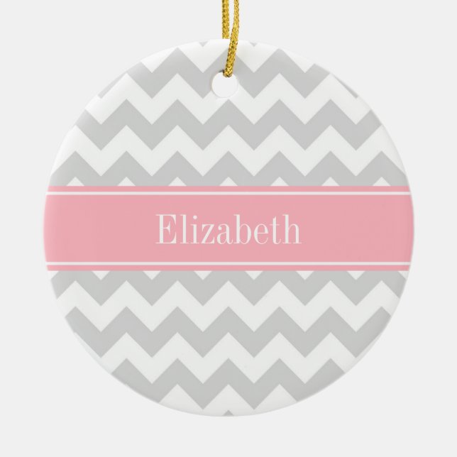 Lt Grey White Chevron Zigzag Pink Name Monogram Ceramic Tree Decoration (Front)