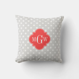 Lt Grey White Dots Coral Red Quatrefoil 3 Monogram Cushion