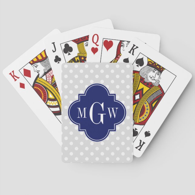 Lt Grey White Polka Dot Navy Quatrefoil Monogram Playing Cards (Back)