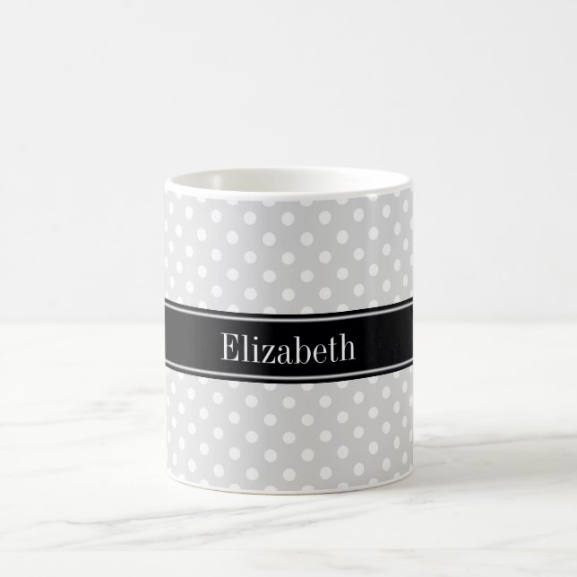 Lt Grey White Polka Dots Black Name Monogram Coffee Mug (Center)