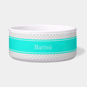 Lt Grey White Polka Dots Brt Aqua Ribbon Monogram
