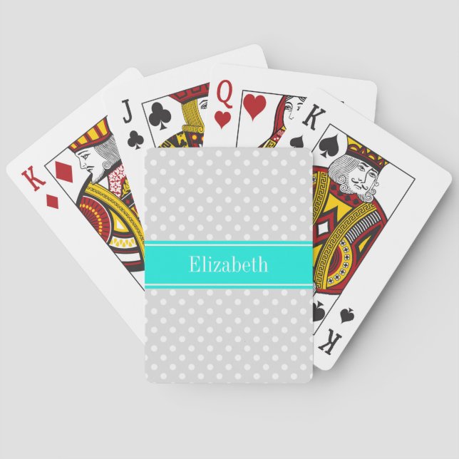 Lt Grey White Polka Dots Brt Aqua Ribbon Monogram Playing Cards (Back)