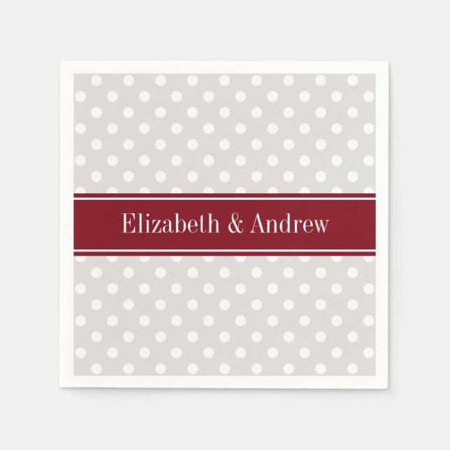 Lt Grey White Polka Dots Burgundy Name Monogram Napkin (Front)