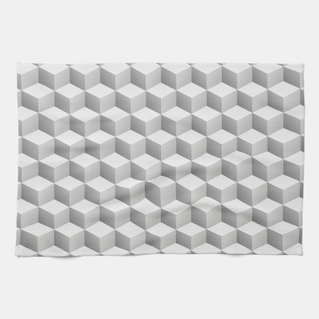 Lt Grey White Shaded 3D Look Cubes Tea Towel (Horizontal)