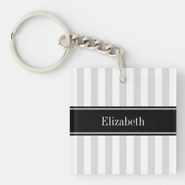 Lt Grey White Stripe Black Name Monogram Key Ring (Front)