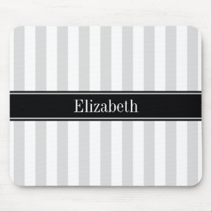 Lt Grey White Stripe Black Name Monogram Mouse Mat