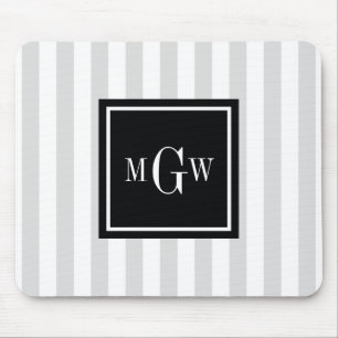 Lt Grey White Stripe Black Square 3 Monogram Mouse Mat