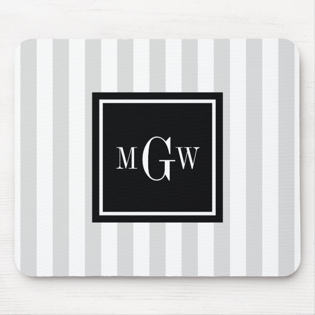 Lt Grey White Stripe Black Square 3 Monogram Mouse Mat (Front)
