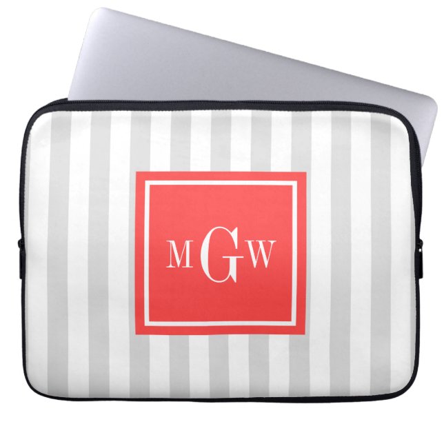 Lt Grey White Stripe Coral Red Square 3 Monogram Laptop Sleeve (Front)