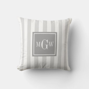 Lt Grey White Stripe Grey Square 3 Monogram Cushion