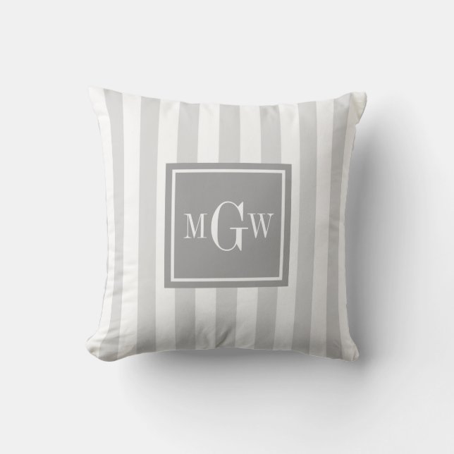Lt Grey White Stripe Grey Square 3 Monogram Cushion (Front)