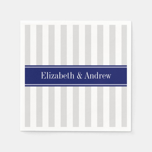Lt Grey White Stripe Navy Blue Name Monogram Napkin (Front)