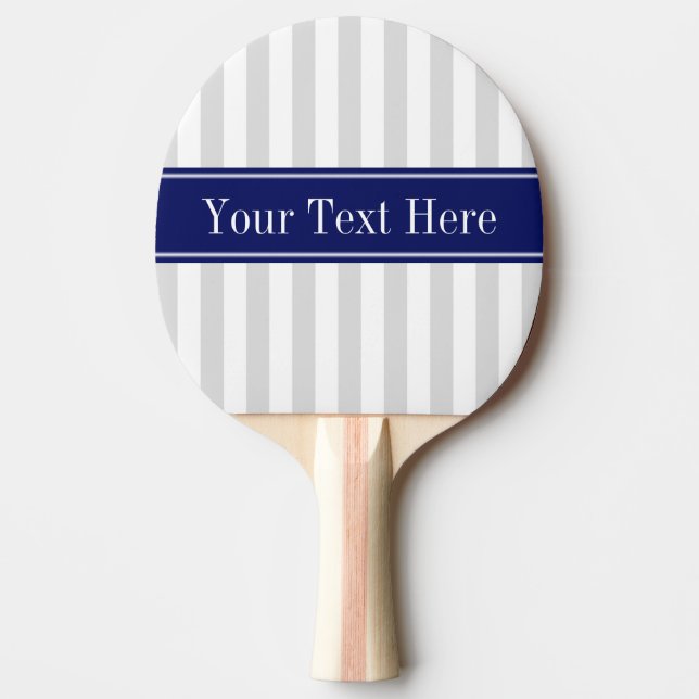 Lt Grey White Stripe Navy Blue Name Monogram Ping Pong Paddle (Front)