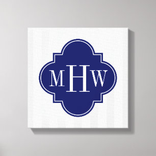Lt Grey White Stripe Navy Quatrefoil 3 Monogram Canvas Print