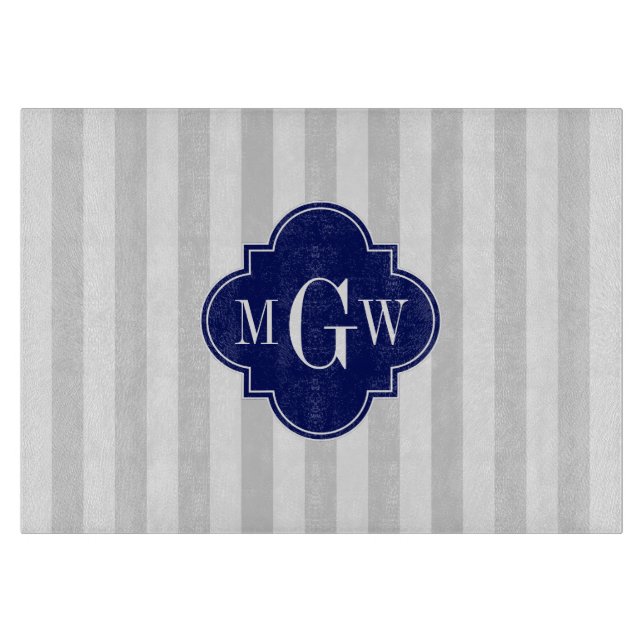 Lt Grey White Stripe Navy Quatrefoil 3 Monogram Cutting Board (Front)