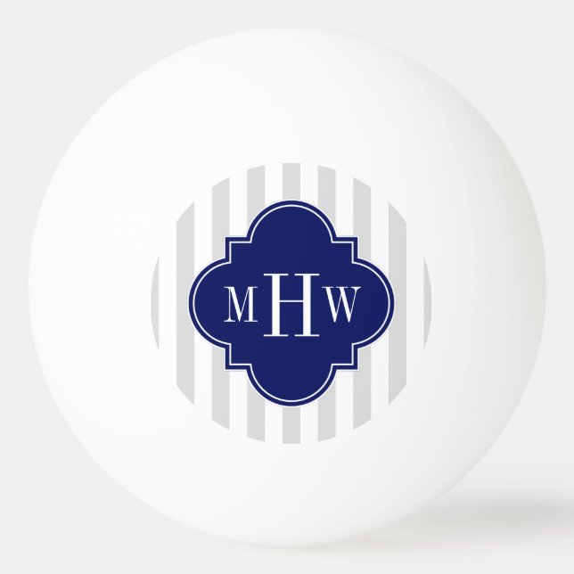 Lt Grey White Stripe Navy Quatrefoil 3 Monogram Ping Pong Ball (Front)