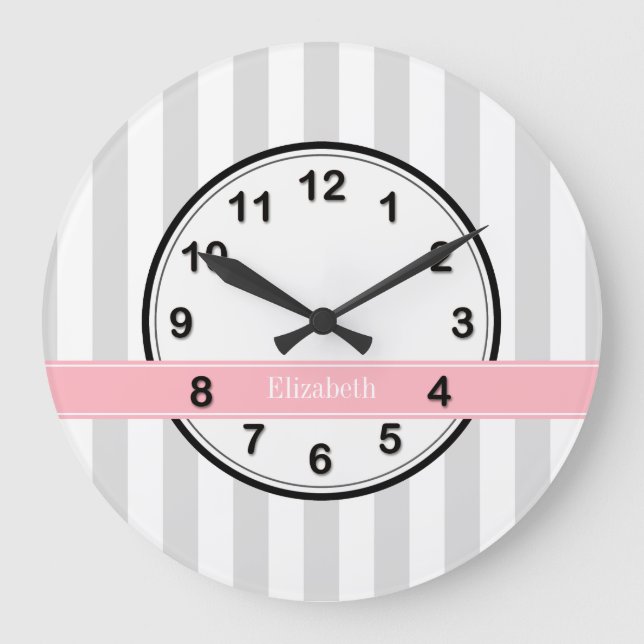 Lt Grey White Stripe Pink Name Monogram Large Clock (Front)