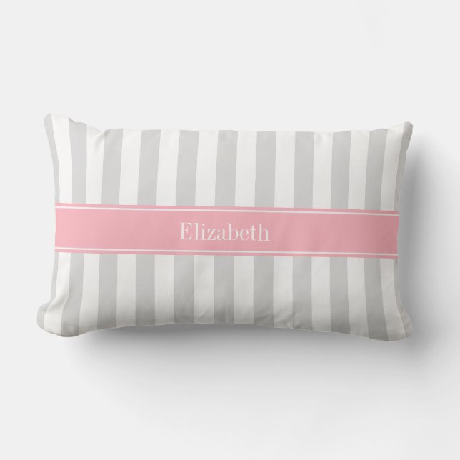 Lt Grey White Stripe Pink Name Monogram Lumbar Cushion (Front)