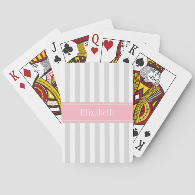 Lt Grey White Stripe Pink Name Monogram Playing Cards (Back)