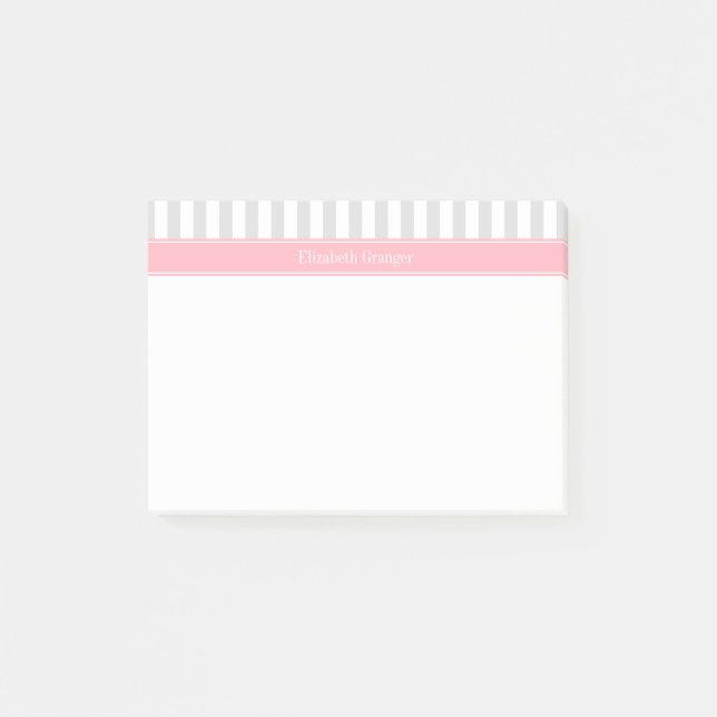 Lt Grey White Stripe Pink Name Monogram Post-it Notes (Front)