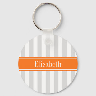 Lt Grey White Stripe Pumpkin Orange Name Monogram Key Ring