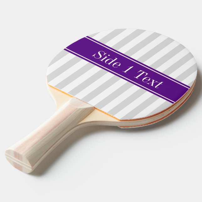 Lt Grey White Stripe Purple Name Monogram Ping Pong Paddle (Front Angle)