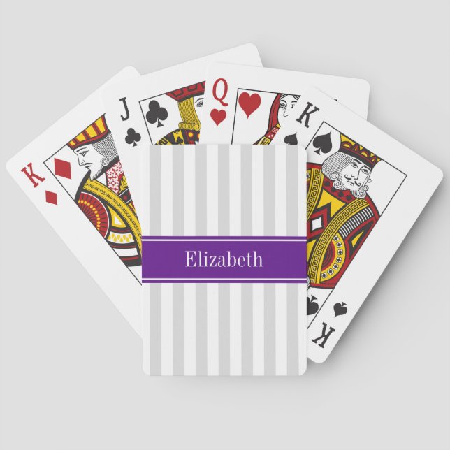 Lt Grey White Stripe Purple Name Monogram Playing Cards (Back)