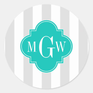 Lt Grey White Stripe Teal Quatrefoil 3 Monogram Classic Round Sticker