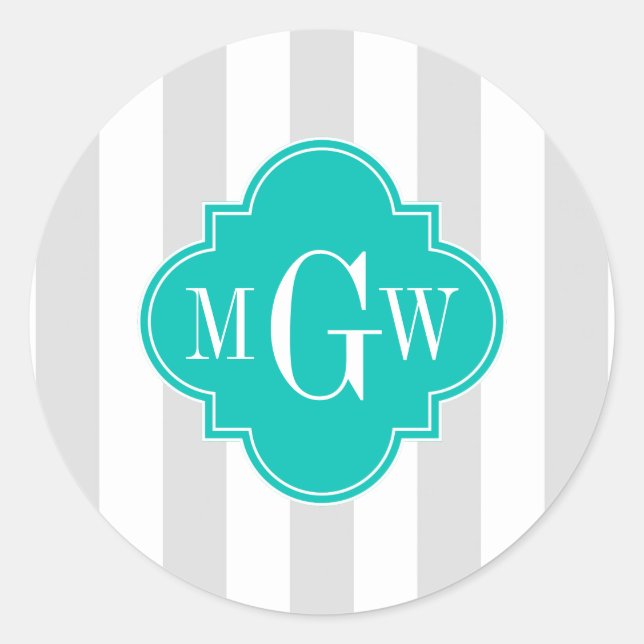 Lt Grey White Stripe Teal Quatrefoil 3 Monogram Classic Round Sticker (Front)