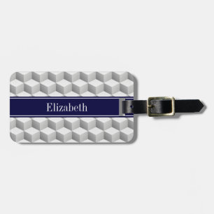 Lt Grey Wht 3D Look Cubes Navy Blue Name Monogram Luggage Tag