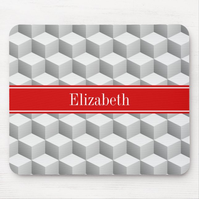 Lt Grey Wht 3D Look Cubes Red Name Monogram Mouse Mat (Front)