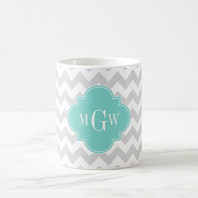 Lt Grey Wht Chevron Aqua Quatrefoil 3 Monogram Coffee Mug (Center)