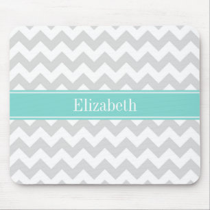 Lt Grey Wht Chevron Aqua Turquoise Name Monogram Mouse Mat