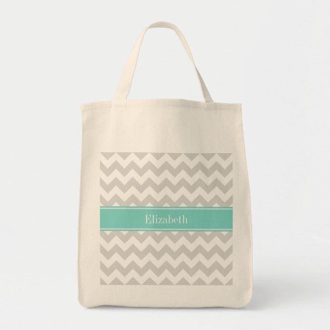 Lt Grey Wht Chevron Aqua Turquoise Name Monogram Tote Bag (Front)