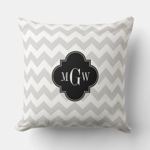 Lt Grey Wht Chevron Black Quatrefoil 3 Monogram Cushion