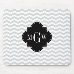 Lt Grey Wht Chevron Black Quatrefoil 3 Monogram Tn Mouse Mat
