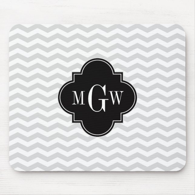 Lt Grey Wht Chevron Black Quatrefoil 3 Monogram Tn Mouse Mat (Front)