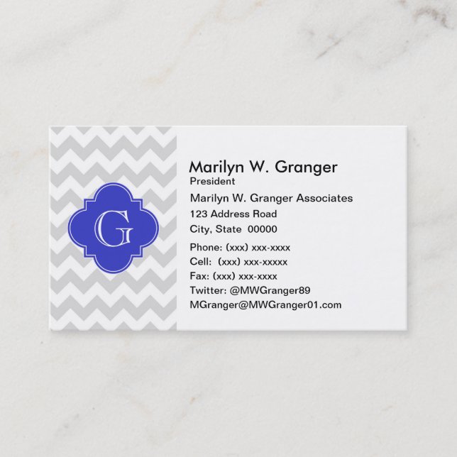 Lt Grey Wht Chevron Cobalt Quatrefoil Monogram Business Card (Front)