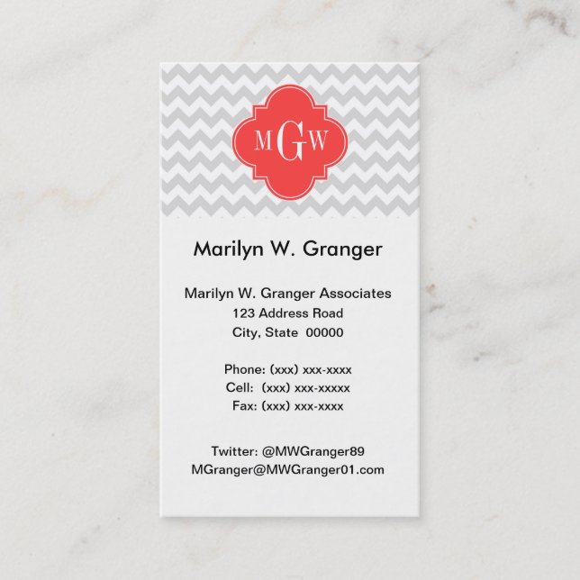 Lt Grey Wht Chevron Coral Quatrefoil 3 Monogram Business Card (Front)