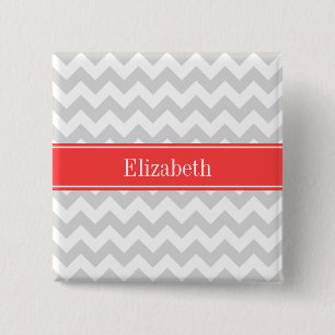 Lt Grey Wht Chevron Coral Red Name Monogram 15 Cm Square Badge