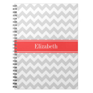 Lt Grey Wht Chevron Coral Red Name Monogram Notebook